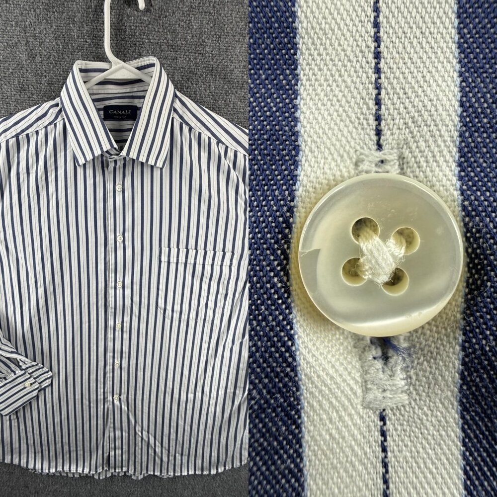 Canali 17 Italy Cotton Striped Blue Mens Shirt Pocket Elegant Button Up Luxury